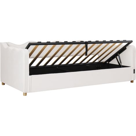 CHICFURN Lit banquette 90x200 cm avec coffre hydraulique, ports USB et Type-C, velours beige, structure capitonnée arrondie, pour chambre enfant, sans matelas (1/5)