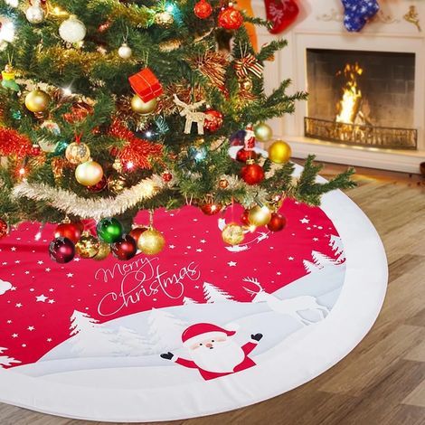 Tapis de sapin de Noël 122 cm, rouge, doux et moelleux, orné d'un adorable Père Noël et de rennes blancs. (1/5)