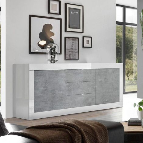 Madia linea Basic con 2 ante e 3 cassetti in finitura Bianco lucido e Beton (1/5)