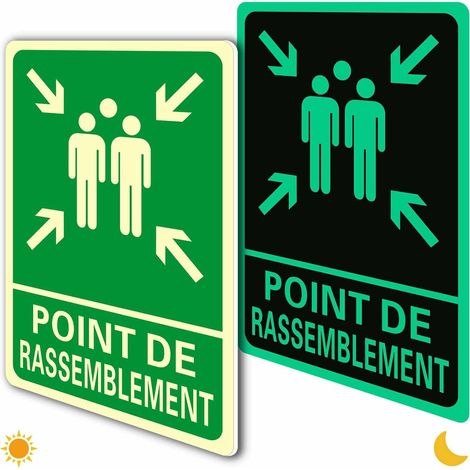 2 Point de Rassemblement Panneau de Sécurité en PVC Extérieur et Intérieur, Autocollant Point de Rassemblement fluorescent (Cm 20x30) (Panneau photoluminescent Sortie de Secours) (1/5)