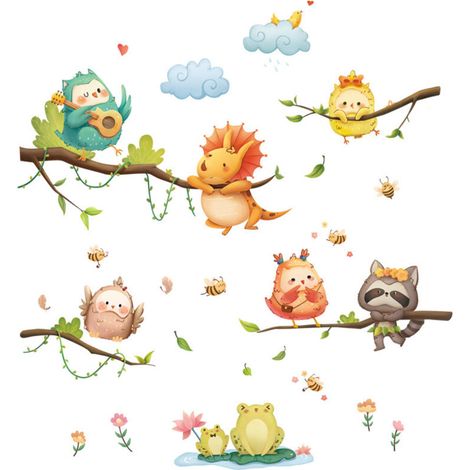 Un lot de Stickers Muraux animaux sur des branches nuages fleurs Autocollant Mural Décoration Murale pour salon bureau chambre (1/5)