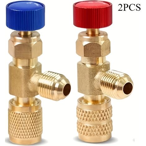 Kit de démontage du cœur de valve pour manomètre à collecteur en laiton (2 pièces) pour les fluides frigorigènes R410a et R22, outil d'entretien de climatisation 1/4" SAE avec vanne d'arrêt (1/5)