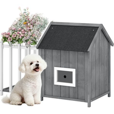 Niche pour chien d'extérieur en bois, niche avec terrasse, porte à claire-voie, 106 x 62,5 x 80,5 cm, gris