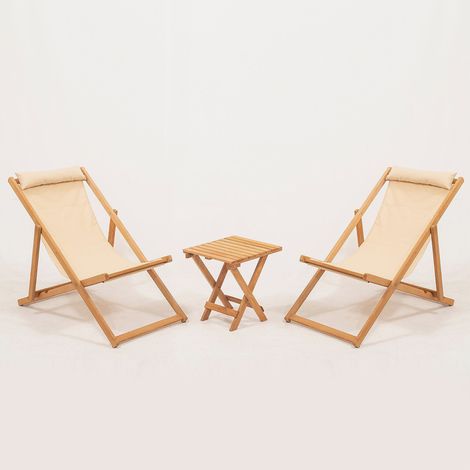 2 faltbare Gartenliegen mit Holz-Beistelltisch Morik - Creme (1/5)