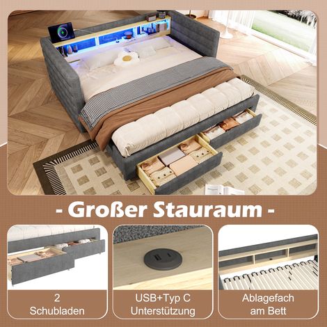 Lit de repos escamotable 90x190 cm, sommier multifonction avec tiroir gigogne, prises USB et Type-C, 2 tiroirs, étagères intégrées, éclairage LED, sans matelas, tissu velours gris, rangement astucieux (1/5)