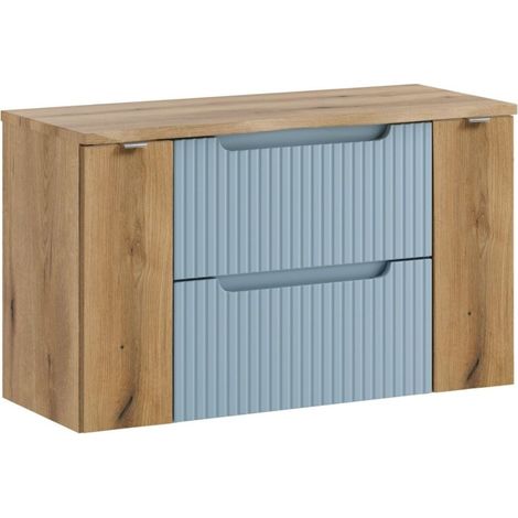 Insieme sospeso VANO blu denim e rovere chiaro 100cm: mobili sotto lavabo con cassetti e armadietti + piano per lavabo