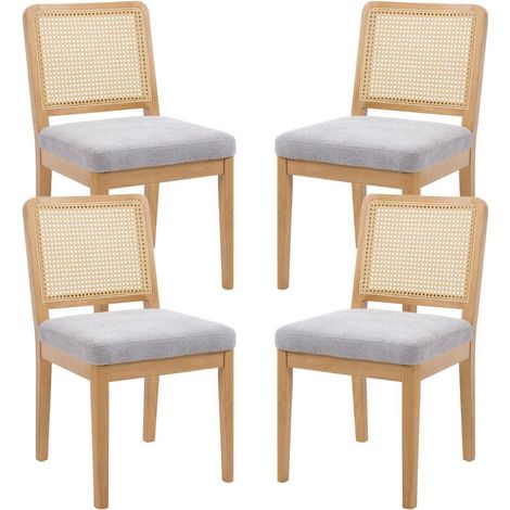 Esszimmerstühle 4er Set Vintage Leinen Rattan Rückenlehne Polsterstuhl Mid-Century Stil Grau (1/5)