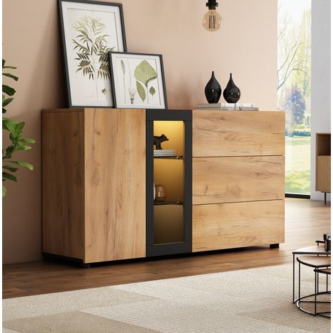 Aparador mueble almacenaje con LED 140 cm marrón negro OKMYHOME (1/5)