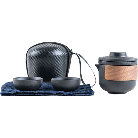 Ensemble de thé portable anti-brûlure, mini théière en céramique avec filtre, idéal pour extérieur, sac de rangement inclus, couleur noire avec 2 tasses. (1/5)