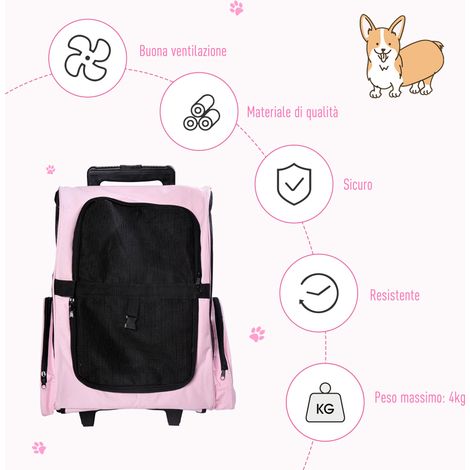 Sac de voyage 2-en-1 pour chat et chien, rose, 42x25x55 cm, avec roues, poignée escamotable et poches latérales (1/5)