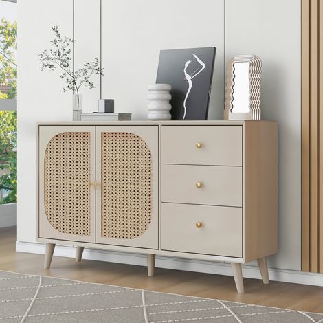 Buffet salon, buffet de cuisine avec portes en rotin et 3 tiroirs, pieds en bois massif, blanc cassé
