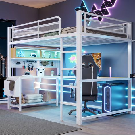 Cama alta gaming (204.5x144.5x180.3 cm), con escritorio, LED de 7 colores, estación de carga, MDF y metal blanco (1/5)