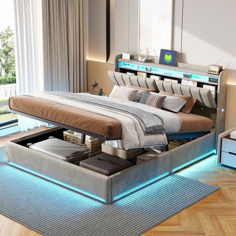 Cama 140 x 190, cama 140x190 con somier, estructura de cama, canapé, con LED, contenedor hidráulico, con cabecero, gris, terciopelo (1/5)