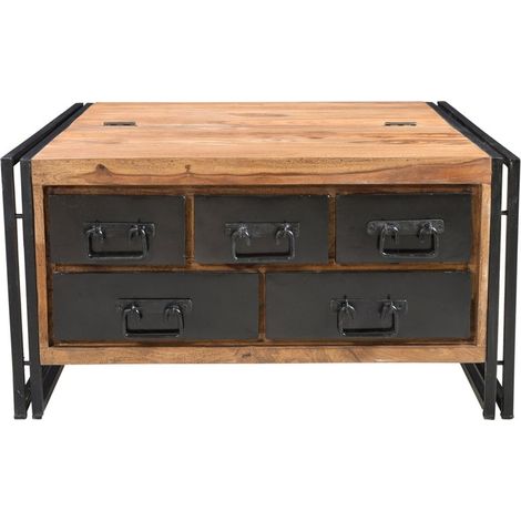 Table basse coffre de salon en bois d'acacia et métal style industriel avec 5 tiroirs - PANGIVO (1/5)