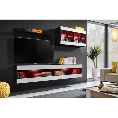 Komodee, Ensemble de Meubles Tivoli SET6, Noir/Blanc, Largeur 200cm x Hauteur 195 cm x Profondeur 35 cm, LED Multicolore, pour Salon, Chambre à coucher (1/5)