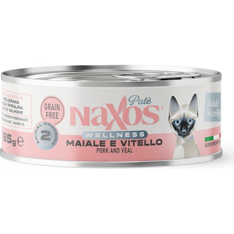 NAXOS GATTI STERILIZZABILE Lattina per gatti sterilizzati al gusto di maiale e vitello 85g