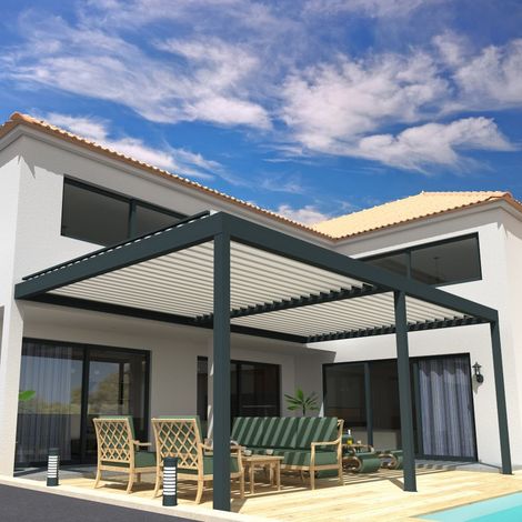 Pergola Bioclimatique COCOON Mixte Gris anthracite / Blanc 6,00x4,088m (Vérin à télécommande + Kit LED 3 cotés - ) (1/5)