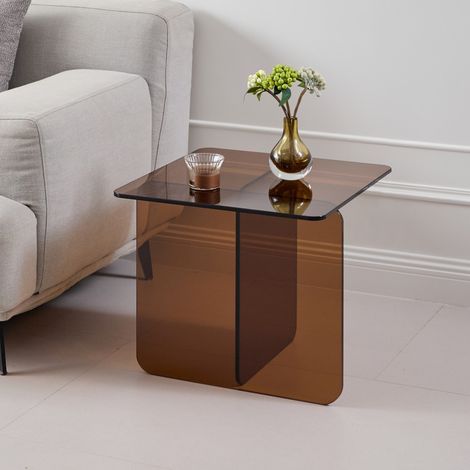Table d'Appoint en Verre Trempé Courbé et Teinté - 45x45x51cm - Bout de Canapé Transparent Monobloc - Marron (1/5)