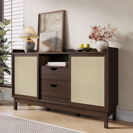 Sideboard 150 x 39,5 x 80 cm - Kommode mit Schiebetüren und Schubladen - Japandi-Stil - Holzwerkstoff - Natur