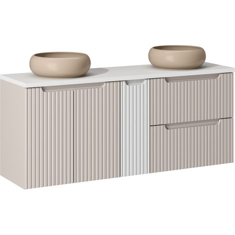 Ensemble meuble salle de bain suspendu NOVA taupe 140cm – Double vasque ronde cappuccino avec plan et rangements (1/5)