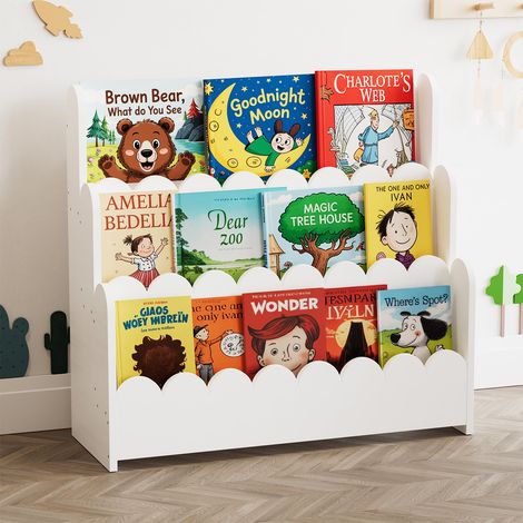 Montessori Bibliothèque festonnée à 3 Niveaux pour Tout-Petits, étagère à Livres en Bois pour Chambre d'enfant, Salle de Jeux, crèche et Salle de Classe, Blanc (1/5)
