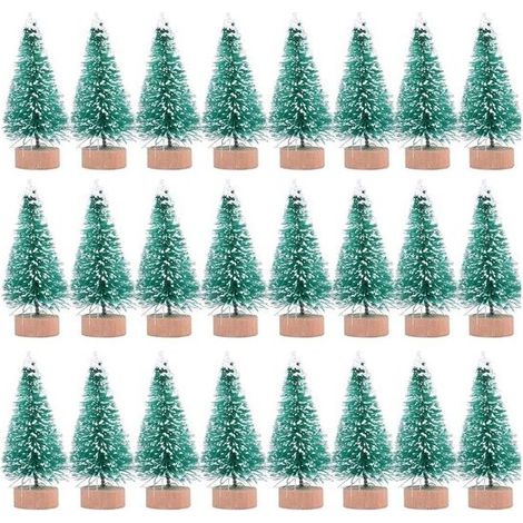 Lot de 24 mini sapins de Noël en sisal et base bois - Sapins à goupillon décoratifs pour table, avec effet neige - Décoration hivernale pour fêtes (1/5)