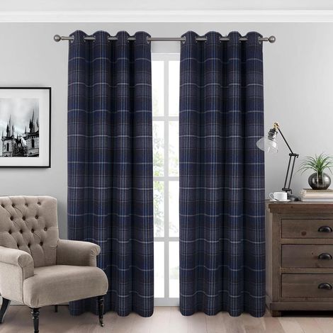Check Curtain with Eyelets Double Faux Wool Curtains for Bedroom Living Room, Modern, W140 x H260 cm, Dark Blue, Pack of 2 (1/5)
