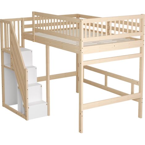 Lit en bois massif 140200, escalier avec rangement, garde-corps haut, lit enfant, lit ado, cadre de lit en bois massif, couleur bois (Vecchio SKU: LDB00165AAN) (1/5)