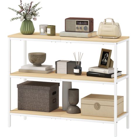 Console d'entrée 3 étagères ouvertes, pieds métal, naturel et blanc, pour couloir salon chambre