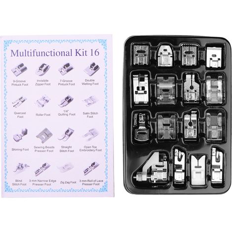 Juego de 16 prensatelas para máquinas de coser profesionales Janome, Brother y Singer. Incluye accesorios y repuestos. Juego de prensatelas para dobladillos invisibles y zurcido. (1/5)