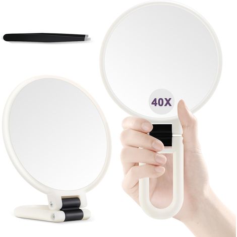 Miroir Grossissant 40X, Miroir de Maquillage Main, Double Face avec Grossissement 40X/1X, Essentiel de Voyage, Portable et Pliable pour Bureau et Salle de Bain, Cadeau pour Femme, Blanc (1/5)