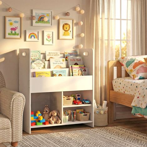 Le Quai Des Affaires – Bibliothèque enfant Robin – Blanc – Dimensions 62.5x29.5x75.5cm – Rangement 2-en-1 avec 3 compartiments et 3 niches
