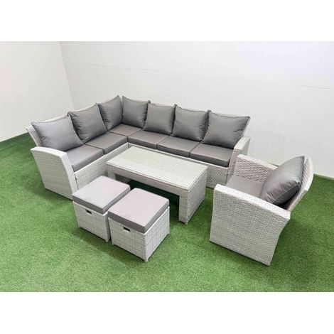Fimous Rattan Garden Furniture Set Outdoor 9 Seater Corner Sofa Sets with Oblong Coffee Table Chair 2 Small Footstools Light Grey Mixed (1/5)