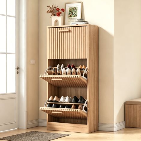 Meuble à chaussures 60x24x113cm, 3 Portes Rabattables, Système Anti-Basculement, Meuble Chaussure Bois avec Étagères Réglables pour Entrée Couloir (1/5)