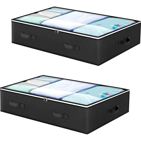 Bac de rangement renforcées, bac de rangement pour chaussures sous le lit avec fenêtre sous le lit et poignées noir, paquet de 2, transparente (1/5)