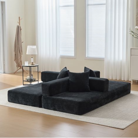 Canapé modulable convertible en tissu noir, bloc de sofa avec poches latérales, base antidérapante et garnissage en mousse, pour salon, chambre d'enfant ou petit espace – CHICFURN (1/5)