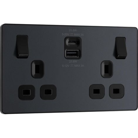 Electrical PCDMG22UAC22B Prise murale à double interrupteur avec ports de charge USB de type A et de type C, gris mat, 13 A, 22 W (1/5)
