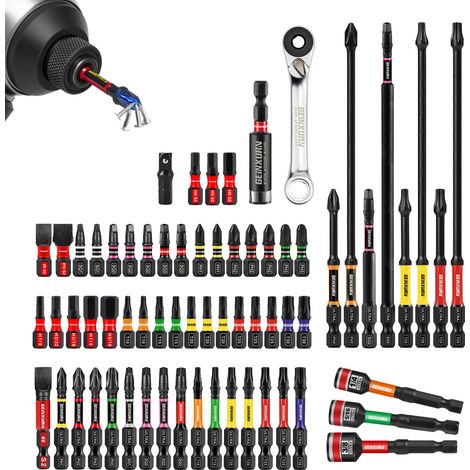 66 Pièces Jeu d'Embouts de Tournevis PH/PZ/Torx/Hex, Longueurs 25mm,50mm,75mm,150mm,Queue Hexagonale 1/4",Acier Allié S2,Avec Porte-Embout Magnétique,Douilles,Mini Clé à Cliquet (1/5)