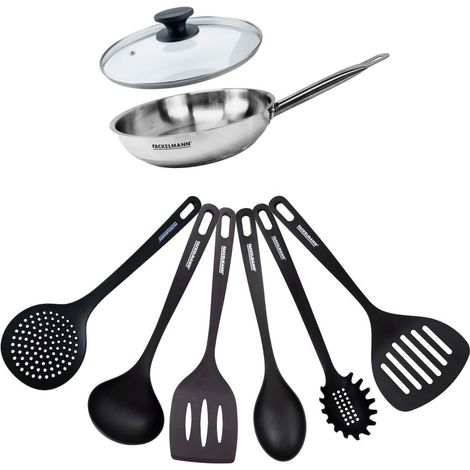 Set de 1 poêle de 20 cm en inox 1 couvercle en verre et 6 ustensiles Fackelmann Eterna (1/5)