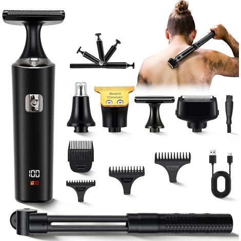 Tondeuse Corps Homme avec Poignée Télescopique Pliable, 5 en 1 Rasoir Électriques Hommes, Kit Toilettage pour Visage Bras Dos Poitrine Menton et Barbe (1/5)
