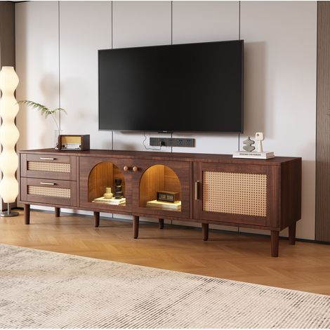 Mobile TV 180 cm per TV fino a 80 pollici, 2 cassetti in rattan, ante in vetro LED DESVIAE (1/5)