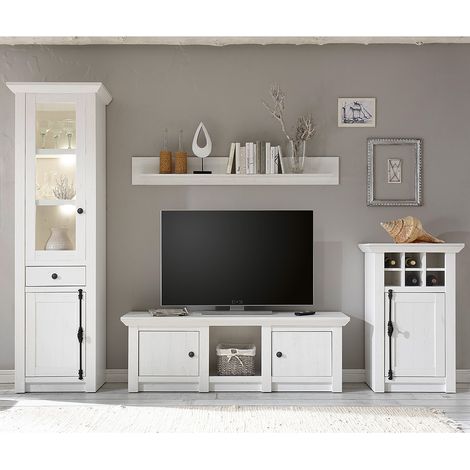 Wohnwand WINGST-61 im Landhaus Stil Dekor Pinie weiß Nb. inkl. Beleuchtung B/H/T ca. 298x207x45cm