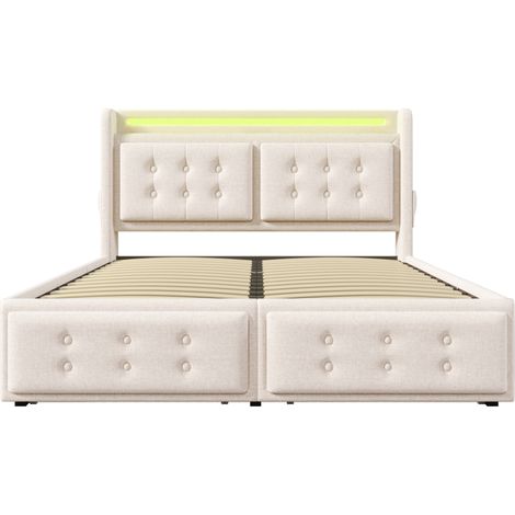 Lit coffre 140x200 beige avec tête de lit LED, USB-C, 4 tiroirs et sommier (1/5)