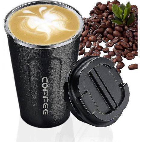 Mug à café noir, tasse à café réutilisable à double paroi sous vide, mug de voyage ou de bureau écologique en acier inoxydable (1/4)