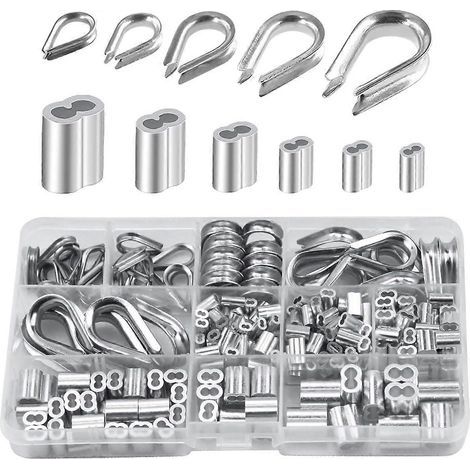 250 Pack Aluminum Wire Rope Lugs in 6 Different Sizes - Assorted Double Barrel Sleeves and 5 Size Lugs for Wire Rope (1/5)