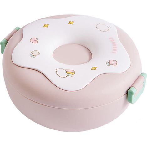 Bol à bento en forme de donut, chauffant, avec couvercle, fourchette et cuillère, en plastique rose, idéal pour le bureau et l'école. (1/5)