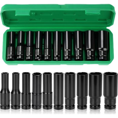10 pièces, douille longue 1/2, 6 pans, a choc vec boîte de rangement, épaissi, jeu clés hexagonales intérieures application vie quotidienne 8-24mm - (1/5)