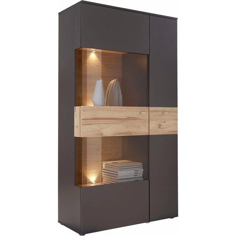 Armoire vitrée 2 portes gauche avec éclairage LED – Décor bois clair et gris anthracite – Système soft-close – Dimensions 90x168x41cm – Meubletmoi (1/4)