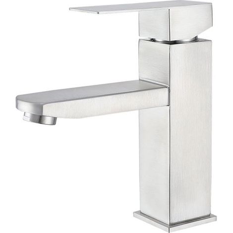 Grifo de baño, Grifo sin plomo, Monomando, Agua fría y caliente, Acero inoxidable, 16,5 x 10,4 x 5 cm, caravanas y baños, Plateado (1/5)