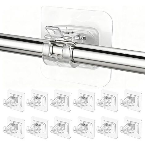 12 Pièces Support Tringle Rideaux Percage, Crochet Rideau Adhesifs Transparent avec Accroche Barre Porte pour Porte-Serviettes, Salle Bain, Hôtel, Cuisines (1/5)